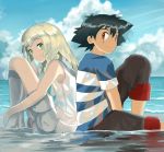  1boy 1girl back-to-back beach blonde_hair boots brown_eyes cloud commentary creatures_(company) dress game_freak green_eyes happy horizon knee_boots knees_to_chest kuriyama lillie_(pokemon) looking_to_the_side nintendo ocean pants pants_rolled_up pokemon pokemon_(anime) pokemon_sm_(anime) satoshi_(pokemon) side_braids sitting sky sleeveless sleeveless_dress smile tan wading water white_dress 