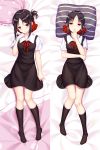  1girl akmm5785 bed bed_sheet black_dress black_hair blush dakimakura dress full_body hair_ribbon highres kaguya-sama_wa_kokurasetai_~tensai-tachi_no_renai_zunousen~ looking_at_viewer lying pillow red_eyes red_ribbon ribbon sailor_dress shinomiya_kaguya sidelocks smile socks solo 