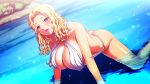  1girl all_fours ass bare_shoulders bikini blonde_hair blush breasts bush cleavage day erect_nipples game_cg huge_breasts in_water kyonyuu_fantasy_2 looking_at_viewer mizoro_tadashi nadine_(kyonyuu_fantasy) o-ring o-ring_swimsuit one-piece_swimsuit open_mouth outdoors purple_eyes q-gaku river shiny shiny_skin slingshot_swimsuit solo sparkle sunlight swimsuit tadano_akira water white_swimsuit 