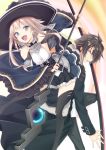  1boy 1girl aqua_eyes armored_skirt back-to-back bangs black_jacket black_legwear black_pants blush breasts brown_hair choker collarplate cover cover_page detached_sleeves eleanor_(kujibiki_tokushou:_musou_harem-ken) eyebrows_visible_through_hair floating_hair frilled_sleeves frills fur_collar grin hat high-waist_skirt highres holding holding_staff holding_sword holding_weapon io_akos jacket kujibiki_tokushou:_musou_harem-ken leaning_forward light_brown_hair long_hair long_sleeves looking_at_viewer luna_lia medium_breasts novel_cover novel_illustration pants petticoat shirt sidelocks skirt sleeveless sleeveless_shirt smile staff sword thighhighs weapon wide_sleeves witch_hat yuuki_kakeru 