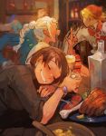  1boy 2girls :d akaneko_(redakanekocat) alcohol bar blonde_hair blue_earrings blurry blurry_background blush bone bottle bowl bracelet braided_ponytail cup deere_(pixiv_fantasia_last_saga) drooling eyes_closed faceless faceless_male food fork highres holding holding_cup index_finger_raised indoors jewelry kanoa_ao long_hair meat motion_blur multiple_girls open_mouth pixiv_fantasia pixiv_fantasia_last_saga plate ponytail rudia_of_the_moon_smile short_hair sketch sleeping smile spoon white_hair 