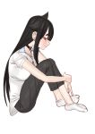  1girl animal_ears bangs black_choker black_hair black_pants blunt_bangs blush breasts choker crossed_ankles easy_(aqk7bdqt) full_body gankutsu-sou_no_fuyajou-san leg_hug long_hair medium_breasts pants red_eyes shirt shizuka_makura short_sleeves sidelocks sideways_glance simple_background sitting smile socks solo thick_eyebrows very_long_hair white_background white_shirt 