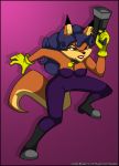  2018 5_fingers anthro big_tail blue_hair brown_eyes canid canine cannid carmelita_fox clothed clothing collar ear_piercing eyelashes female footwear fox fur gloves gun hair lipstick makeup mammal orange_fur piercing ranged_weapon shoes simple_background sly_cooper_(series) solo tagme verona7881 video_games weapon 