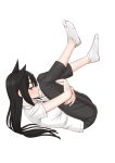  1girl animal_ears bangs black_hair black_pants blunt_bangs breasts easy_(aqk7bdqt) full_body gankutsu-sou_no_fuyajou-san leg_hug legs_up long_hair medium_breasts no_shoes pants red_eyes shirt shizuka_makura short_sleeves simple_background smile socks solo very_long_hair white_background white_footwear white_shirt 