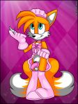  2018 5_fingers anthro blue_eyes bow canid canine cannid chastity chastity_cage clothed clothing flat_chested fox fur gloves head_tuft key legwear male mammal miles_prower multi_tail orange_fur pink_gloves simple_background skirt smile solo sonic_(series) tagme verona7881 video_games 