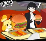  ! 2019 animal_crossing anthro atlus black_hair blonde_hair burger canid canine canis clothed clothing crossover domestic_dog duo eating english_text eyewear female food fully_clothed glasses hair hi_res holding_food holding_object human isabelle_(animal_crossing) jinu joker_(persona) licking licking_lips male mammal megami_tensei nintendo persona shih_tzu short_hair sitting sweat sweatdrop table text tongue tongue_out video_games 