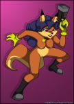  2018 5_fingers anthro big_tail blue_hair brown_eyes canid canine cannid carmelita_fox clothing collar ear_piercing eyelashes female footwear fox fur gloves gun hair lipstick makeup mammal nipples nude orange_fur piercing ranged_weapon shoes simple_background sly_cooper_(series) solo tagme verona7881 video_games weapon 