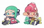  1boy 1girl :d aqua_hair bike_shorts black_cape black_footwear blue_eyes boots cape chibi closed_mouth full_body headgear inkling kirikuchi_riku long_hair mohawk no_nose octarian octoling octopus open_mouth pink_hair red_eyes shoes short_hair simple_background single_vertical_stripe sitting smile splatoon splatoon_(series) splatoon_2 splatoon_2:_octo_expansion squid squidbeak_splatoon suction_cups torn_cape torn_clothes vest white_background 
