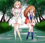  2girls aroma_lady_(pokemon) bangs between_legs blonde_hair blue_legwear blue_vest blush bow bowtie breasts brown_eyes brown_footwear brown_hair collarbone creatures_(company) crying embarrassed eyebrows_visible_through_hair eyes_closed female game_freak grass green_shirt hair_ornament hairclip hand_between_legs hand_up have_to_pee highres holding holding_poke_ball jacket kneehighs knees_together_feet_apart lass_(pokemon) long_hair looking_down miniskirt multiple_girls nintendo nose_blush npc_trainer open_mouth outdoors peeing peeing_self pink_jacket poke_ball poke_ball_(generic) pokemon pokemon_(game) pokemon_dppt pokemon_frlg red_neckwear red_skirt shirt shoes short_hair short_sleeves skirt small_breasts standing stream sweat swept_bangs tears teeth tree v_arms vest wading wet wet_clothes white_footwear white_shirt white_skirt zeoraito 