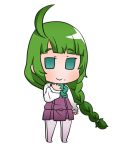  1girl bangs blush bow braid chibi closed_mouth dress eyebrows_visible_through_hair full_body green_bow green_eyes green_hair gurageida kantai_collection long_hair long_sleeves looking_at_viewer mole no_shoes pantyhose pleated_dress purple_dress purple_legwear shirt simple_background single_braid sleeveless sleeveless_dress smile solo standing very_long_hair white_background white_shirt yuugumo_(kantai_collection) 