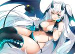  1girl :d bangs bare_shoulders bikini black_bikini black_gloves black_legwear blue_eyes blue_wings blush breasts cleavage collar commentary demon_girl demon_tail demon_wings eyebrows_visible_through_hair fang gloves hand_on_own_cheek heart heart_cutout highres horns large_breasts long_hair looking_at_viewer matsunoki_(unknown_751) multi-strapped_bikini navel open_mouth original simple_background skindentation smile solo spiked_collar spikes stomach succubus swimsuit tail thighhighs twintails very_long_hair white_background white_hair wings 