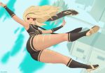  1girl black_scarf blonde_hair commentary dark_skin english_commentary falling full_body gravity_daze hairband high_heels kitten_(gravity_daze) kuroonehalf leg_warmers leotard red_eyes scarf sky solo strapless vambraces 