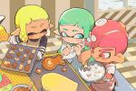  1boy 2girls :d ^_^ apron aqua_hair baking_sheet blonde_hair blue_apron blue_eyes bowl closed_eyes closed_mouth cookie dark_skin domino_mask eyes_closed fang food heart holding icing inkling kirikuchi_riku long_hair looking_at_another mask mohawk multiple_girls octarian octoling open_mouth oven_mitts pastry_bag pink_apron pink_hair pointy_ears polka_dot polka_dot_apron red_eyes short_hair smile splatoon splatoon_(series) splatoon_2 star suction_cups tentacle_hair tongue tongue_out whisk yellow_apron 