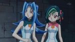  10s 2girls animated animated_gif blue_hair falling green_hair kamishiro_rio mizuki_kotori_(yuu-gi-ou_zexal) multicolored_hair multiple_girls pink_eyes ribbon tagme yu-gi-oh! yuu-gi-ou yuu-gi-ou_zexal 