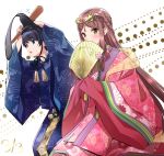  1boy 1girl bangs blush fan fan_la_norne feather_hair floral_print gloves hair_between_eyes hair_ornament hair_ribbon hakama hugo_el_superbia japanese_clothes kimono long_hair long_sleeves looking_at_viewer niameresp nintendo obi ribbon sash short_hair simple_background smile uchikake wide_sleeves xenoblade_(series) xenoblade_2 xenoblade_2:_ogon_no_kuri_ira yellow_eyes yukata 