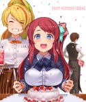  1boy 2girls apron birthday_cake blonde_hair blue_eyes blueberry blush bouquet bow bowtie breasts cake confetti dated drink eyebrows_visible_through_hair eyes_closed eyes_visible_through_hair facing_away flower food fork fruit glass green_hair grin ice jacket jyon knife large_breasts minamoto_sakura multicolored_hair multiple_girls name_tag nikaidou_saki orange_hair polka_dot polka_dot_bow red_hair ribbon school_uniform side_ponytail skirt smile strawberry streaked_hair sunglasses table tatsumi_koutarou tray vest waitress zombie_land_saga 