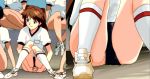  5girls aida_kensuke bangs blue_eyes brown_hair camera crotch grin gym_shorts knees_up legs long_hair multiple_girls neon_genesis_evangelion out_of_frame shirt shorts smile socks soryu_asuka_langley spread_legs thighs white_shirt 