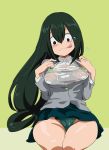  10s 1girl asui_tsuyu bikini bikini_under_clothes black_eyes blush boku_no_hero_academia breasts frog_girl green_hair hair_rings long_hair low-tied_long_hair ontaros school_uniform skirt smile solo swimsuit thighs uniform 