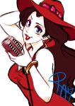 1girl arm_up breasts brown_hair cleavage donkey_kong_(series) dress earrings eyeshadow grin hat jewelry lipstick long_hair looking_at_viewer makeup mario_(series) microphone microphone_stand nail_polish nintendo pauline red_dress red_hat singer smile solo super_mario_odyssey wink 