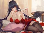  1girl absurdres alcohol armpit_peek azur_lane black_hair black_legwear breasts choker cleavage cubies_(tiger_205) cup dress drinking_glass full_body highres lace lace-trimmed_legwear large_breasts long_hair lying on_side open_mouth pillow pouring red_dress red_eyes red_wine sleeveless sleeveless_dress solo spaghetti_strap spilling straight_hair table taihou_(azur_lane) taihou_(forbidden_feast)_(azur_lane) thighhighs thighs very_long_hair wine wine_glass 