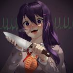  1girl :d artist_name bangs blood bloody_clothes bloody_hands blush breasts cardiogram cleavage commentary cuts doki_doki_literature_club english_commentary eyebrows_visible_through_hair fangs grey_jacket hair_between_eyes hair_ornament hairclip heart heart_in_eye heavy_breathing highres holding holding_knife injury jacket knife long_hair long_sleeves looking_at_viewer open_mouth purple_eyes purple_hair sample sasoura school_uniform shirt smile solo spoilers sweat symbol_in_eye upper_body white_shirt yuri_(doki_doki_literature_club) 