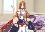  2girls angry armor ass asuna_(sao) bare_shoulders bed blush breastplate breasts brown_eyes brown_hair detached_sleeves half_updo headband highres large_breasts leotard long_hair multiple_girls purple_hair red_ass red_eyes seraphina shiny shiny_hair shiny_skin skirt smile spanked spanking sword_art_online tears very_long_hair yuuki_(sao) 