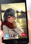  1girl bangs blue_hair blush bridge brown_gloves building cellphone cityscape coat domestic_na_kanojo fingers gloves hands holding_scarf looking_at_phone looking_at_viewer phone phone_screen red_eyes sasuga_kei scarf scenery short_hair skyscraper smartphone smile solo sun tachibana_rui white_coat 