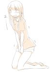  1girl absurdres bangs barefoot between_legs blush ear_blush embarrassed eyebrows_visible_through_hair female flat_chest full_body hand_between_legs hands_together have_to_pee highres japanese_text kamome_shop kneeling long_hair monochrome open_mouth original shirt short_shorts short_sleeves shorts simple_background sketch solo translated trembling v_arms white_background 