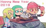  2019 2boys 2girls :d aqua_hair beard blonde_hair blue_eyes bowl cellphone chopsticks commander_atarime domino_mask facial_hair fang green_eyes green_tongue happy_new_year holding holding_chopsticks holding_phone inkling kirikuchi_riku kotatsu long_sleeves mask mohawk multiple_boys multiple_girls new_year octarian octoling old_man open_mouth phone pink_hair pointy_ears red_eyes self_shot shirt short_hair smartphone smile splatoon splatoon_(series) splatoon_2 star striped striped_shirt suction_cups table tentacle_hair 