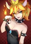  1girl absurdres bare_shoulders black_collar black_dress black_nails blonde_hair blue_eyes bowsette bracelet breasts cleavage collar crown dress fangs fingernails hair_between_eyes heterochromia highres horns jewelry kuno_(runkunochan) looking_at_viewer mario_(series) medium_breasts nail_polish new_super_mario_bros._u_deluxe nintendo open_mouth red_eyes sharp_fingernails smile solo spiked_armlet spiked_bracelet spiked_collar spikes strapless strapless_dress super_crown upper_body 