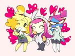  3girls ;d black_pants blue_skin boots bow bright_pupils commentary crossover doubutsu_no_mori english_commentary furry glasses hair_bun hand_on_own_chest heart kirby_(series) long_hair looking_at_viewer mario_(series) multiple_crossover multiple_girls nastasia nintendo one_eye_closed opaque_glasses open_mouth pants paper_mario pink_background pink_hair plaid shizue_(doubutsu_no_mori) simple_background skirt smile super_paper_mario susie_(kirby) sweat trait_connection white_footwear 