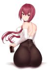  1girl ass back bangs bare_shoulders beer_can black_legwear black_skirt blush breasts can choker coffee_can collarbone crimecrime fate/grand_order fate_(series) hair_between_eyes hair_intakes highres holding holding_can large_breasts long_hair long_sleeves looking_at_viewer looking_back off-shoulder_shirt off_shoulder purple_hair red_eyes scathach_(fate)_(all) scathach_(fate/grand_order) shirt simple_background sitting skirt smile solo taut_skirt thighs very_long_hair white_choker white_shirt 