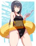  1girl black_hair black_swimsuit blue_background book brown_eyes competition_swimsuit covered_navel from_below girls_und_panzer hairband highres innertube long_hair looking_at_viewer nakamura_yukitoshi one-piece_swimsuit reizei_mako solo swimsuit white_hairband 