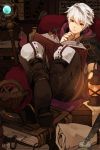  1boy book boots brown_eyes cloak doku_gin1126 fire_emblem fire_emblem:_kakusei highres holding holding_book lantern male_my_unit_(fire_emblem:_kakusei) my_unit_(fire_emblem:_kakusei) nintendo reading solo 