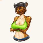  2019 anthro belt big_breasts black_nose breasts brown_fur brown_spots cleavage clothed clothing danni_blade_(lildredre) digital_media_(artwork) ear_piercing female fur grope hair hat hi_res hotbento huge_breasts hyaenid looking_at_viewer mammal navel navel_piercing open_mouth piercing simple_background smile solo spots spotted_fur spotted_hyena standing teeth tongue wide_hips 