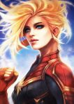  1girl absurdres blonde_hair blue_eyes bodysuit captain_marvel clenched_hand highres lips long_hair marvel mole mole_under_eye monori_rogue painterly solo 