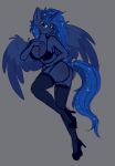  absurd_res anthro big_reasts black_underwear bra breasts cleavage clothed clothing digital_media_(artwork) dinoalpaka equid equine female footwear friendship_is_magic frilly_underwear garter hair hi_res horn horse legwear mammal my_little_pony panties princess_luna_(mlp) shoes solo stockings underwear winged_unicorn wings 