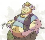  anthro beard belly belly_overhang big_belly bovid brown_fur caprine clothing facial_hair fingers fur goat hooved_fingers horn leaning love_handles male mammal midriff moobs obese obese_male open_vest overweight overweight_male simple_background smile solo syc vest 
