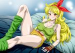  1girl bare_shoulders bed belt blonde_hair blush breasts cameltoe cleavage closed_mouth curly_hair dragon_ball erect_nipples fingerless_gloves gloves gradient gradient_background green_tank_top hair_ribbon happy large_breasts leg_up legs long_hair loose_socks lunch_(dragon_ball) lying midriff navel nel-zel_formula on_bed pillow red_eyes ribbon short_shorts shorts simple_background smile solo tank_top thighs yellow_shorts 