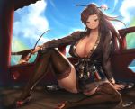  1girl blue_eyes breasts brown_hair cleavage hair_ornament hairpin high_heels highres huge_breasts korean_clothes long_hair looking_at_viewer mole mole_on_breast nestkeeper original pipe sitting smile smoke solo thighhighs 