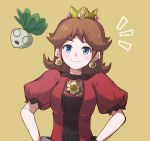  1girl blue_eyes breasts brown_background brown_hair crown dress earrings hands_on_hips highres jewelry long_hair looking_at_viewer misowhite nintendo princess_daisy puffy_short_sleeves puffy_sleeves red_dress short_sleeves smile super_smash_bros. turnip upper_body 