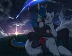  2019 5_fingers angiewolf anthro blue_fur canid canine canis clothed clothing cuddling digital_media_(artwork) duo fur grass hug male mammal night outside sitting sky star starry_sky white_fur wolf yellow_eyes 
