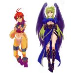  2girls blonde_hair boots breasts breath_of_fire breath_of_fire_ii bridal_gauntlets cleavage commentary_request dress gloves green_eyes knee_boots long_hair looking_at_viewer multiple_girls nina_(breath_of_fire_ii) nyantiu open_mouth purple_wings rinpoo_chuan short_hair side_slit simple_background white_background wings 