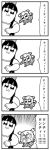  2girls 4koma :3 bangs bkub bow comic commentary constricted_pupils emphasis_lines eyebrows_visible_through_hair floating greyscale hair_bow hair_ornament hair_scrunchie halftone long_hair long_sleeves monochrome multiple_girls neckerchief pipimi pointing poptepipic popuko school_uniform scrunchie serafuku shaded_face shirt shoes short_hair short_twintails shouting sidelocks simple_background skirt speech_bubble sweat t-shirt talking twintails two_side_up white_background 