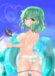  1girl ass bangs bare_shoulders bikini black_headwear blue_sky blush breasts butt_crack chaha cloud commentary_request cowboy_shot day green_bikini green_eyes green_hair hair_between_eyes halterneck hat hat_removed hat_ribbon headwear_removed heart heart_of_string highres holding innertube komeiji_koishi large_breasts lens_flare looking_at_viewer mini_hat outdoors parted_lips ribbon short_hair side-tie_bikini sky solo standing striped striped_bikini swimsuit thighs third_eye touhou wet white_bikini yellow_ribbon 