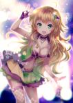  1girl blonde_hair blurry blurry_background breasts choker cleavage eyebrows_visible_through_hair fingerless_gloves fishnet_legwear fishnets floating_hair gloves green_eyes green_hair hair_ornament hoshii_miki idolmaster idolmaster_(classic) jewelry leaning_forward long_hair looking_at_viewer medium_breasts midriff miniskirt multicolored multicolored_clothes multicolored_hair multicolored_skirt navel necklace pleated_skirt purple_gloves single_thighhigh skirt solo standing stomach thighhighs two-tone_hair very_long_hair vesper_(pixiv3568) w 