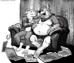 anthro aokmaidu bandanna barefoot belly big_belly boxers_(clothing) bulge canid canine canis claws clothed clothing duo eyes_closed feeding food fur hand_on_stomach holding_food holding_object inside male male/male mammal moobs navel obese obese_male open_mouth overweight overweight_male pizza pizza_box rat rodent sitting smile sofa tanowolf teeth toe_claws tongue tongue_out topless underwear wolf 