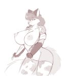  anthro big_breasts breasts canid canine clothed clothing curvaceous featureless_crotch female fox greyscale huge_breasts mammal monochrome nipples open_shirt sketch solo standing starfighter thick_thighs 