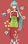  1girl alternate_clothes apron aqua_hair bangs bird blush breasts collarbone commentary_request eyebrows_visible_through_hair fate/grand_order fate_(series) green_hair hair_between_eyes hair_ornament hinot horns japanese_clothes kimono kiyohime_(fate/grand_order) large_breasts long_hair looking_at_viewer red_kimono smile solo very_long_hair yellow_eyes 