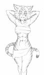  2019 abs anthro athletic blush breasts clothed clothing felid female fur grin hands_behind_head mammal monochrome pantherine scar simple_background sketch skimpy slit_pupils smile solo striped_fur stripes tiger twrlare white_background 